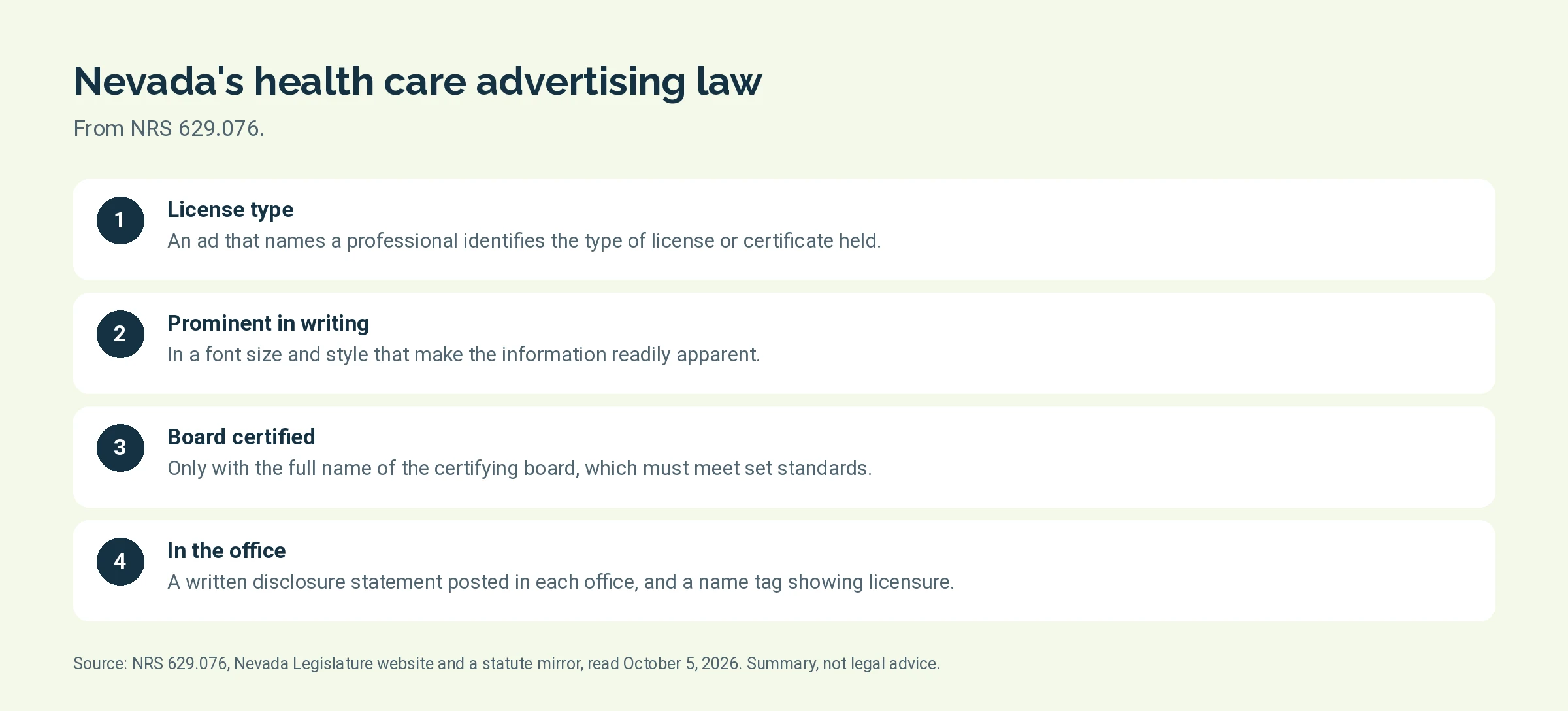 Four requirements from Nevada Revised Statutes 629.076 on health care advertisements