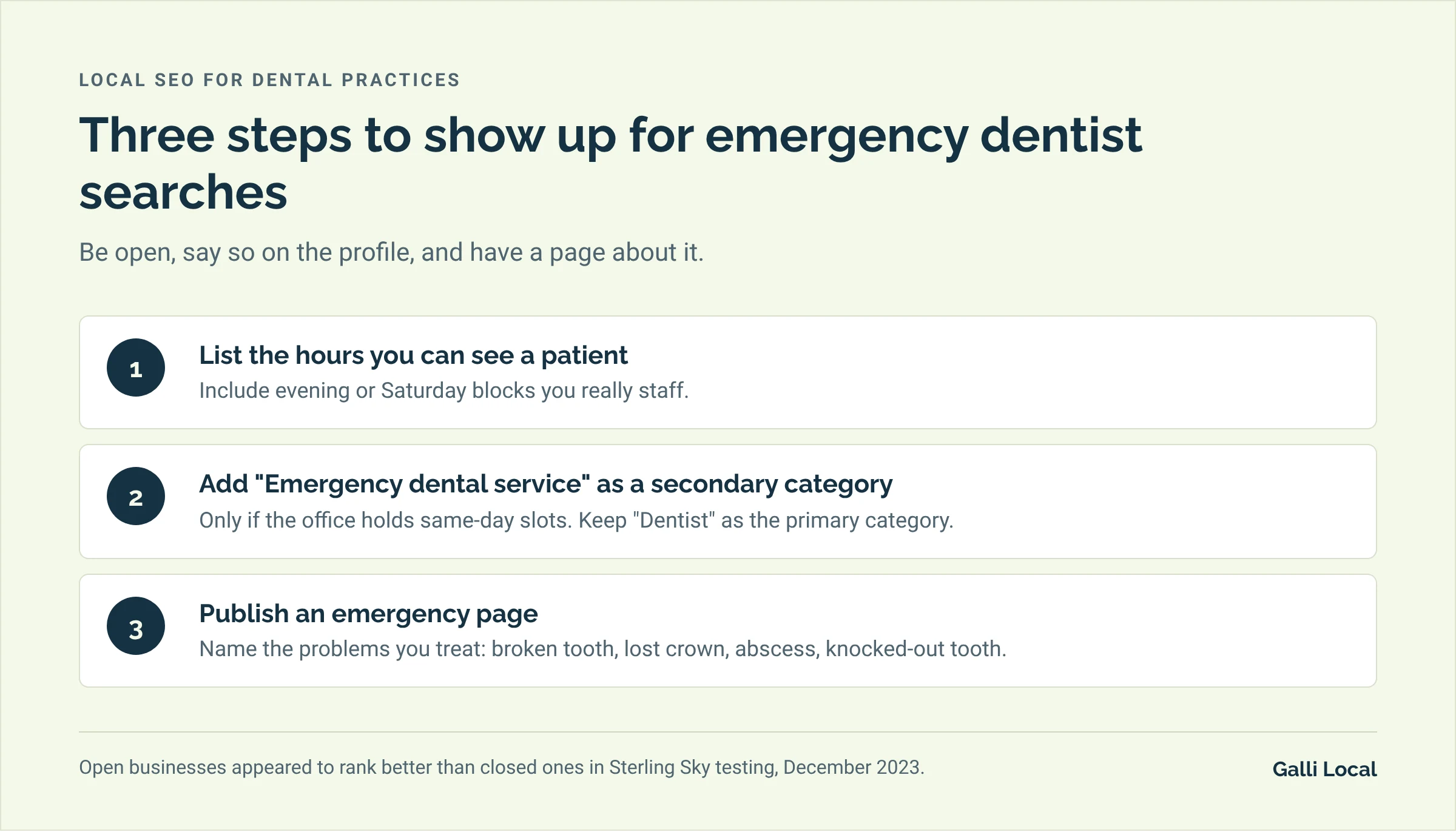 Three steps for ranking on emergency dentist searches: list real hours, add the emergency dental service category if you hold same-day slots, and publish an emergency page