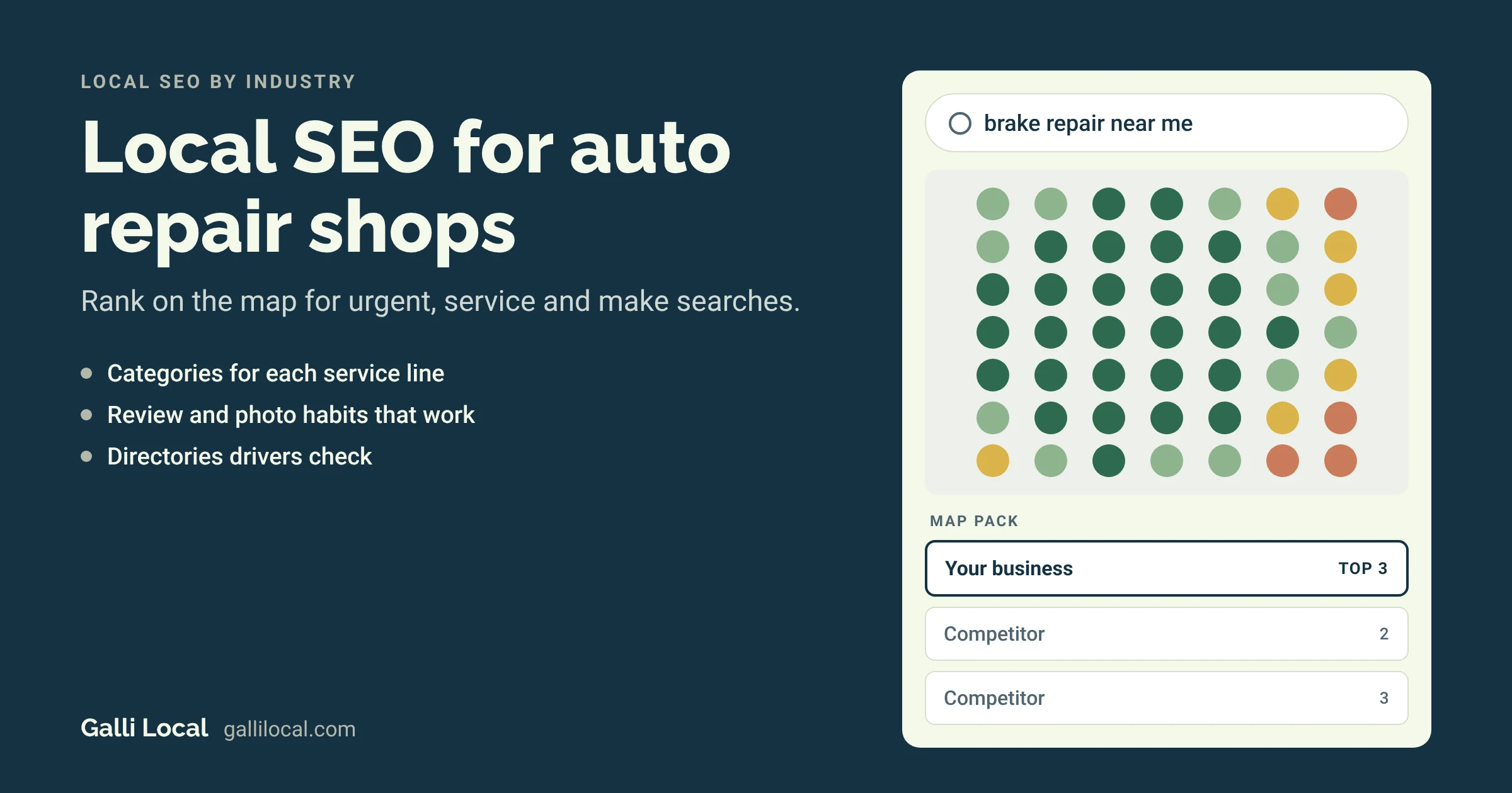 Local SEO for auto repair shops: a map pack with your shop in the top 3 for a brake repair search