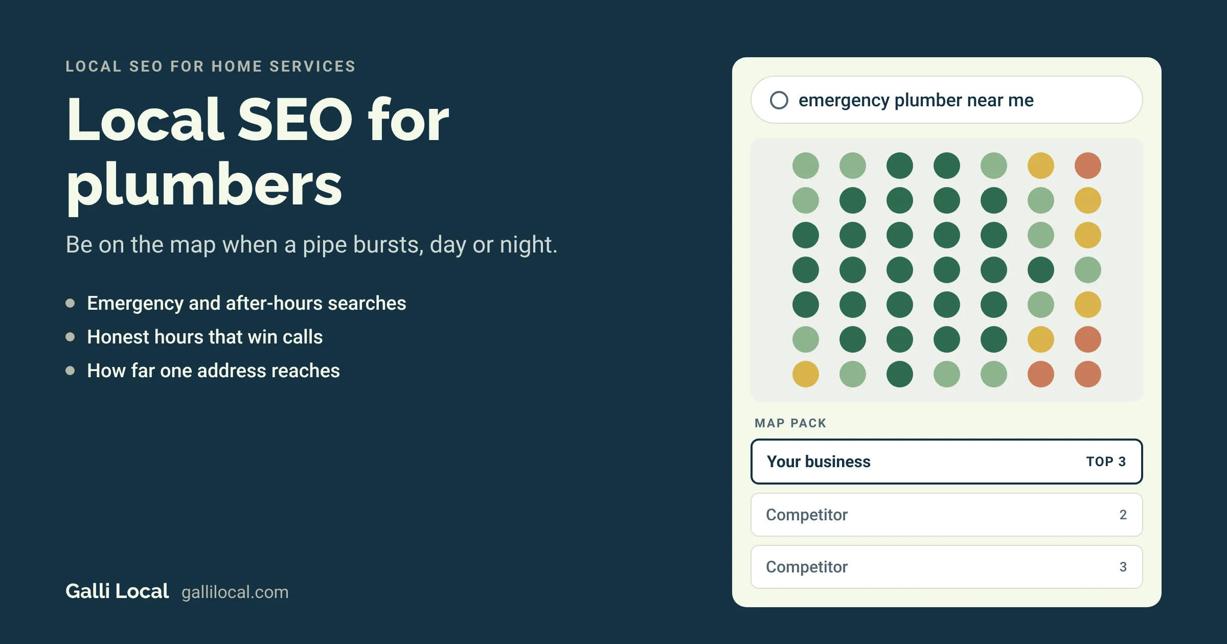 Local SEO for plumbers: a map pack with your company in the top 3 for an emergency plumber search