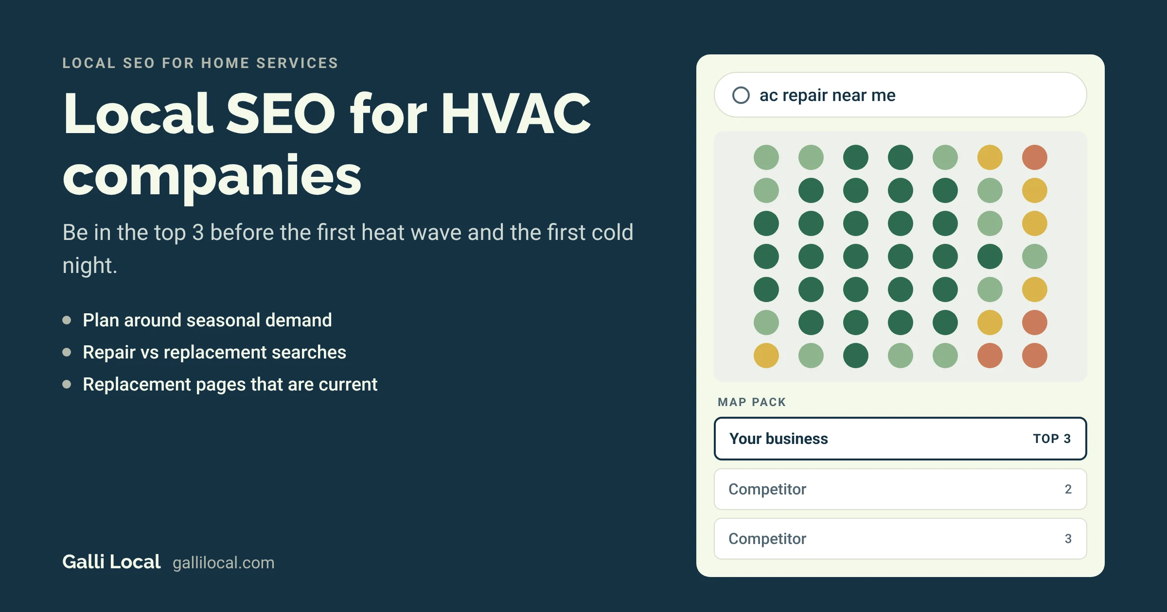 Local SEO for HVAC companies: a map pack with your company in the top 3 for an AC repair search
