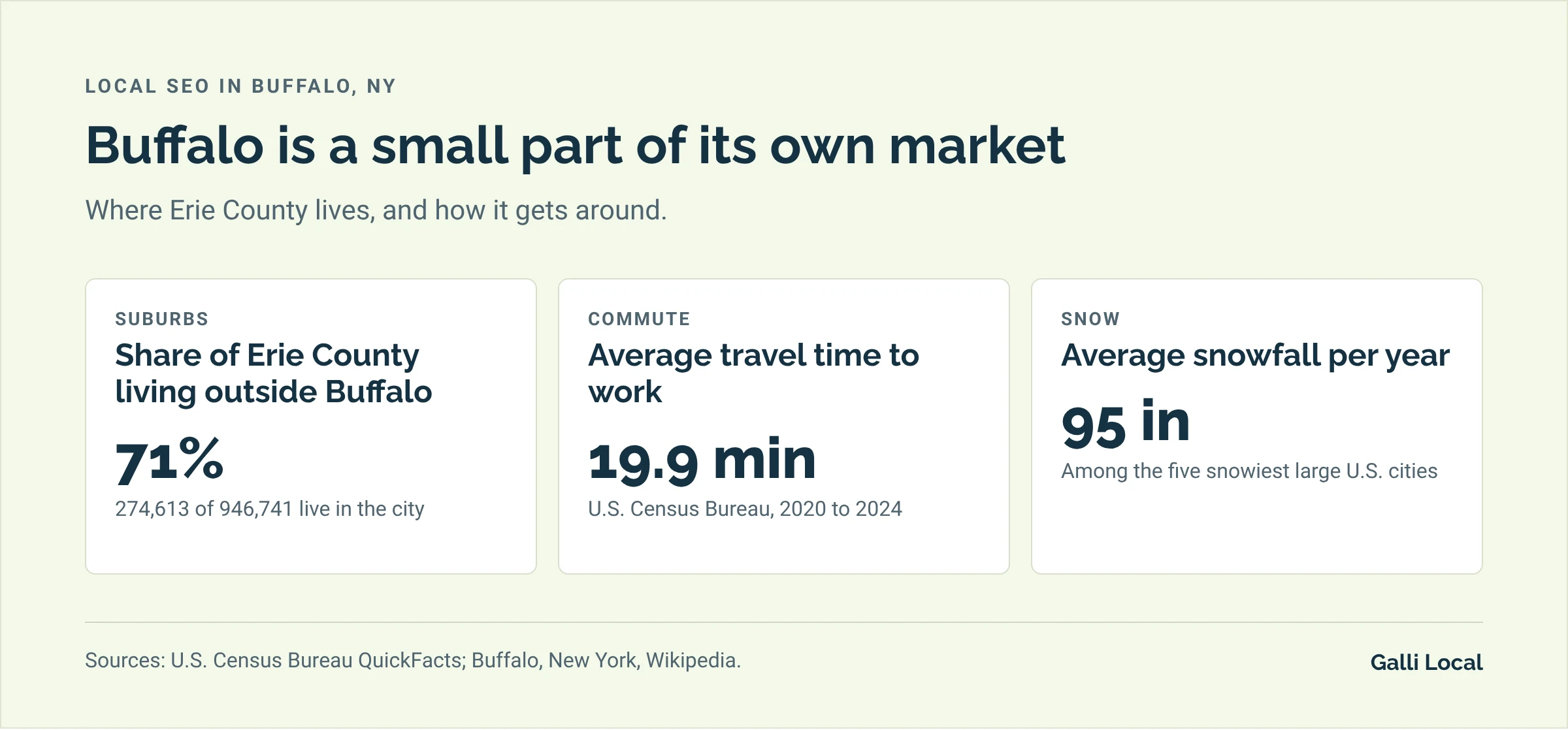 Three Buffalo facts for local search: 71% of Erie County lives outside the city, the average commute is 19.9 minutes, and the city gets about 95 inches of snow a year