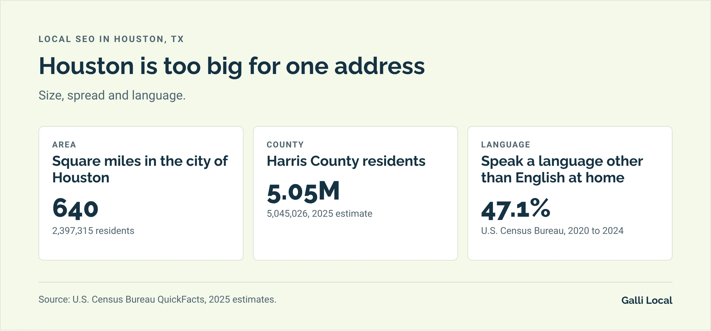 Three Houston facts for local search: the city covers 640 square miles, Harris County has 5,045,026 residents, and 47.1% speak a language other than English at home
