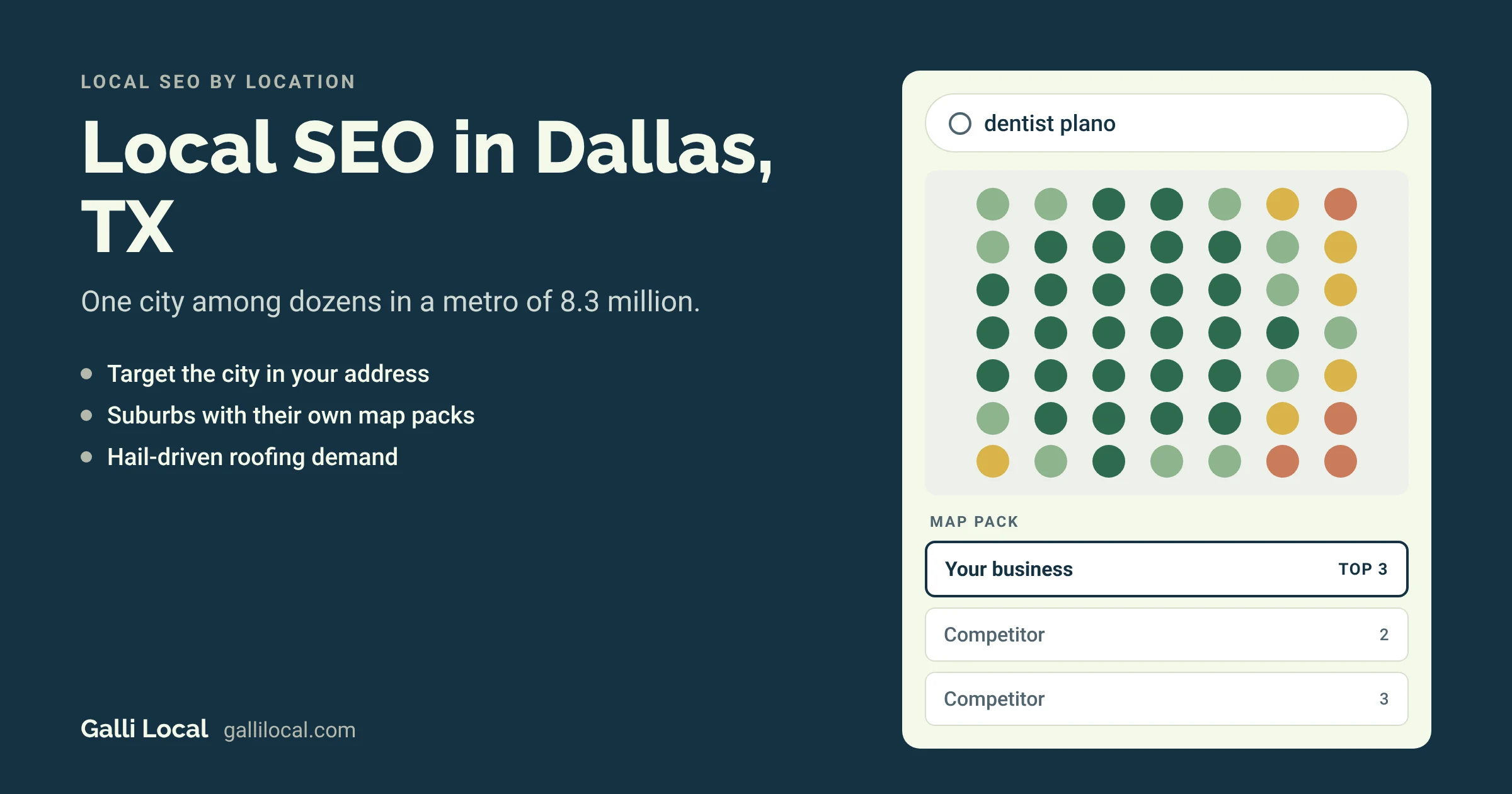 Local SEO in Dallas, TX: a map pack with your business in the top 3 for a dentist plano search