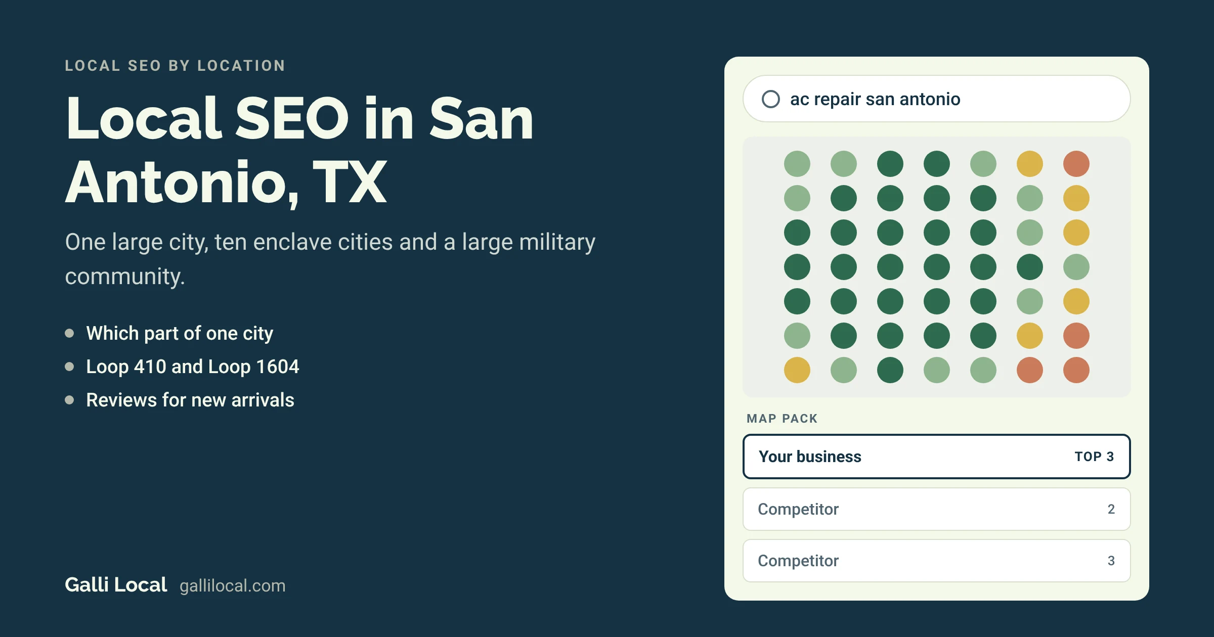 Local SEO in San Antonio, TX: a map pack with your business in the top 3 for a ac repair san antonio search