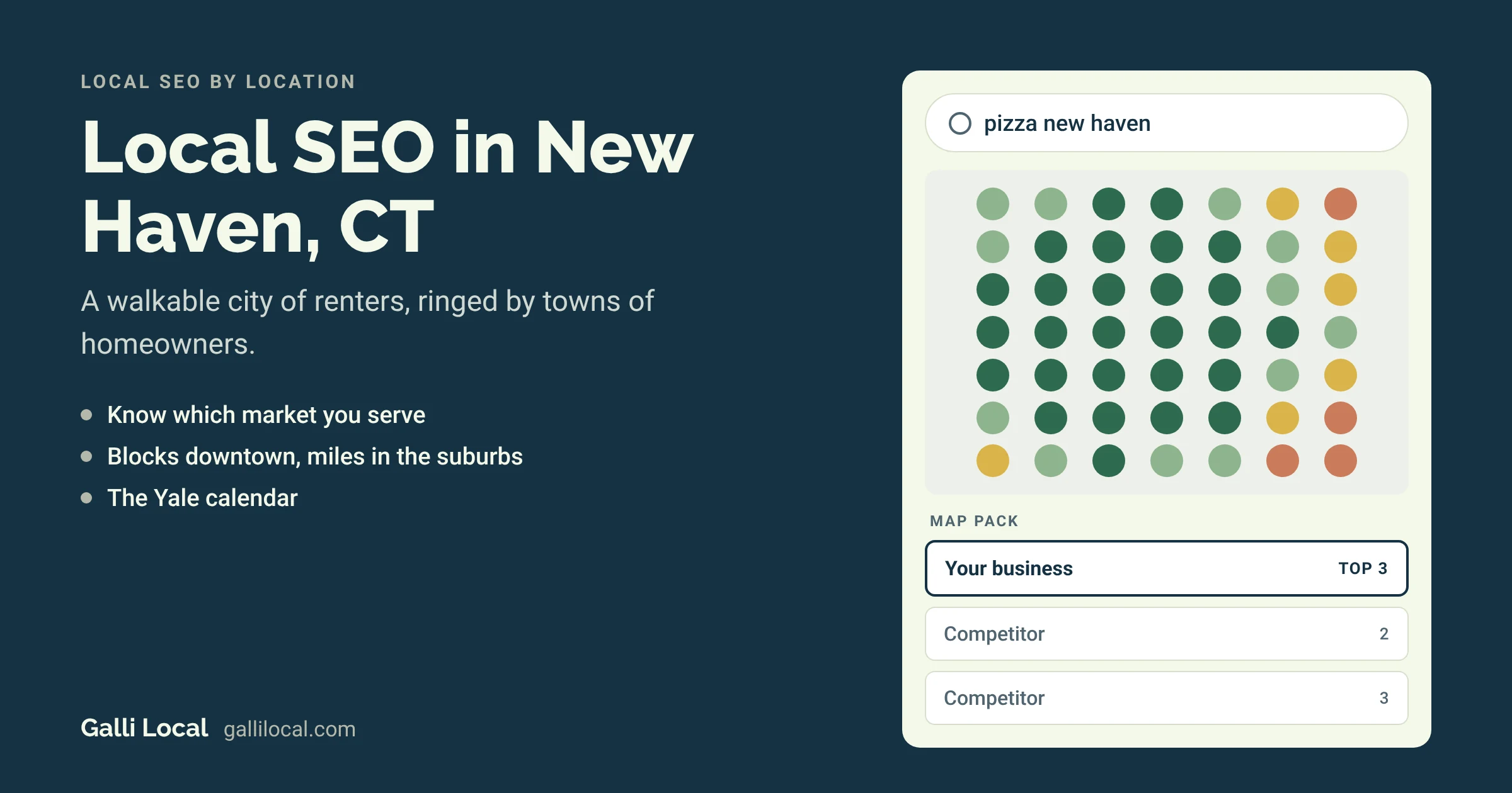 Local SEO in New Haven, CT: a map pack with your business in the top 3 for a pizza new haven search
