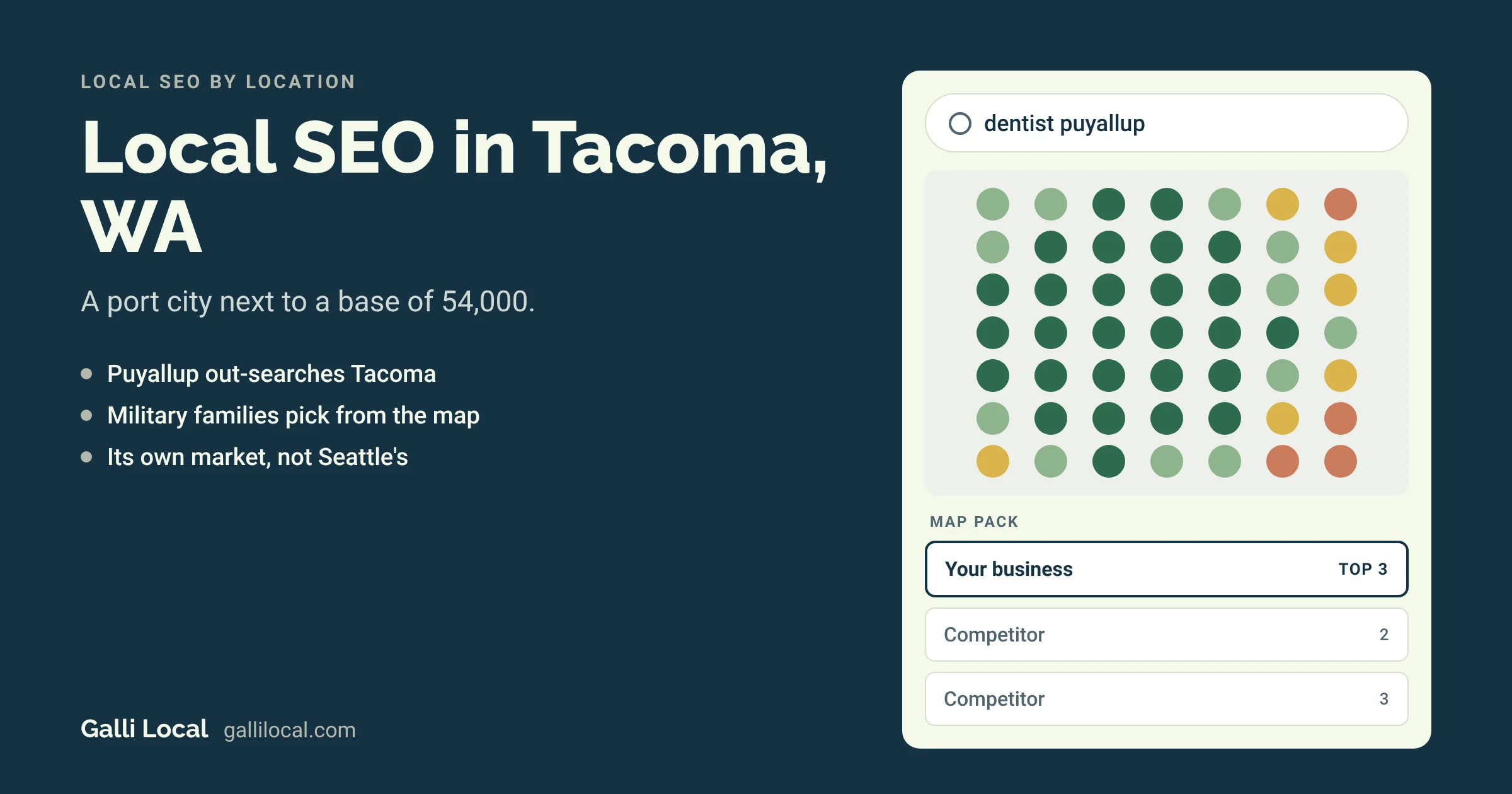 Local SEO in Tacoma, WA: a map pack with your business in the top 3 for a dentist puyallup search