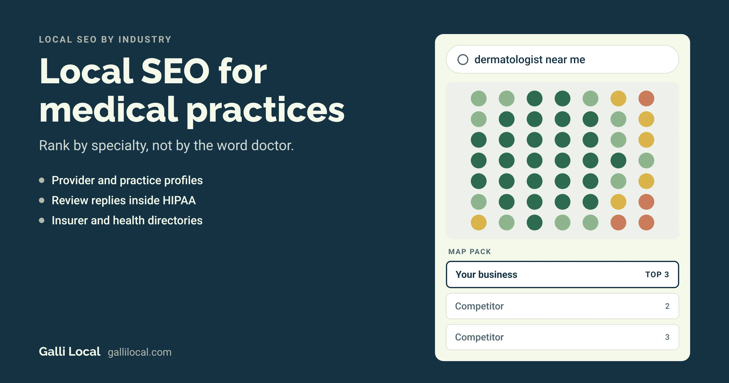 Local SEO for medical practices: a map pack with your practice in the top 3 for a dermatologist search