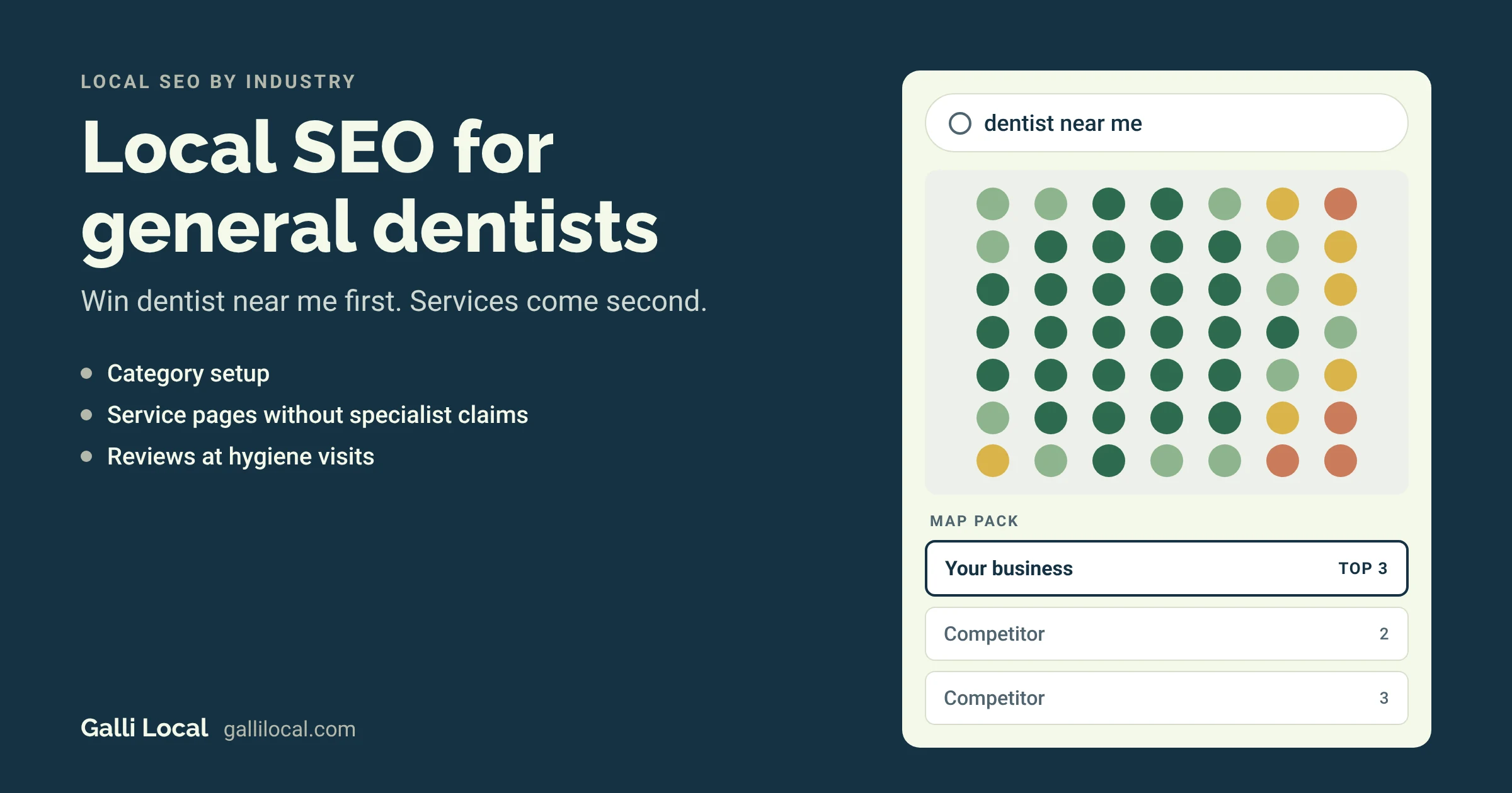 Local SEO for general dentists: a map pack with your office in the top 3 for a dentist near me search