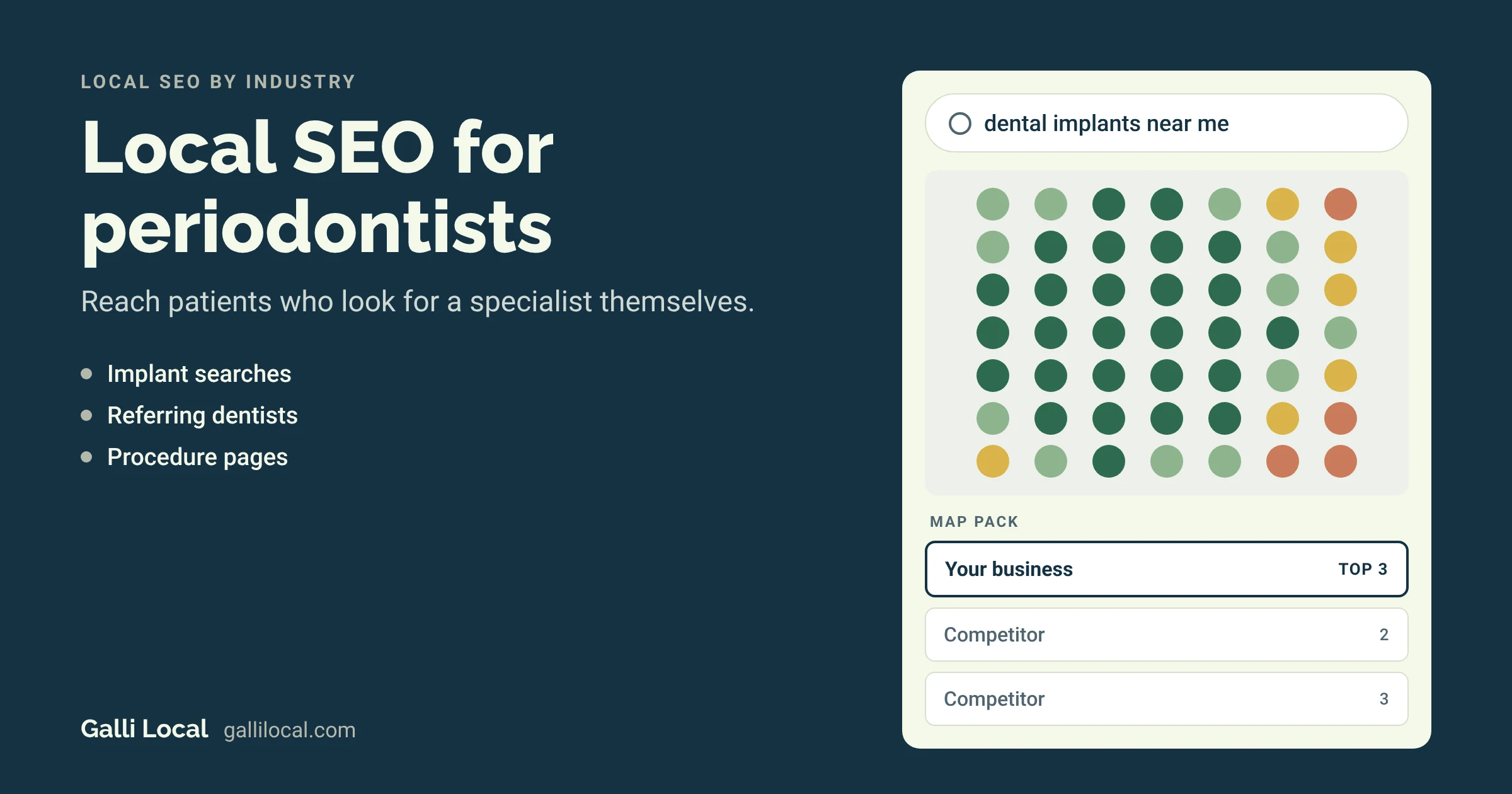 Local SEO for periodontists: a map pack with your practice in the top 3 for a dental implants search