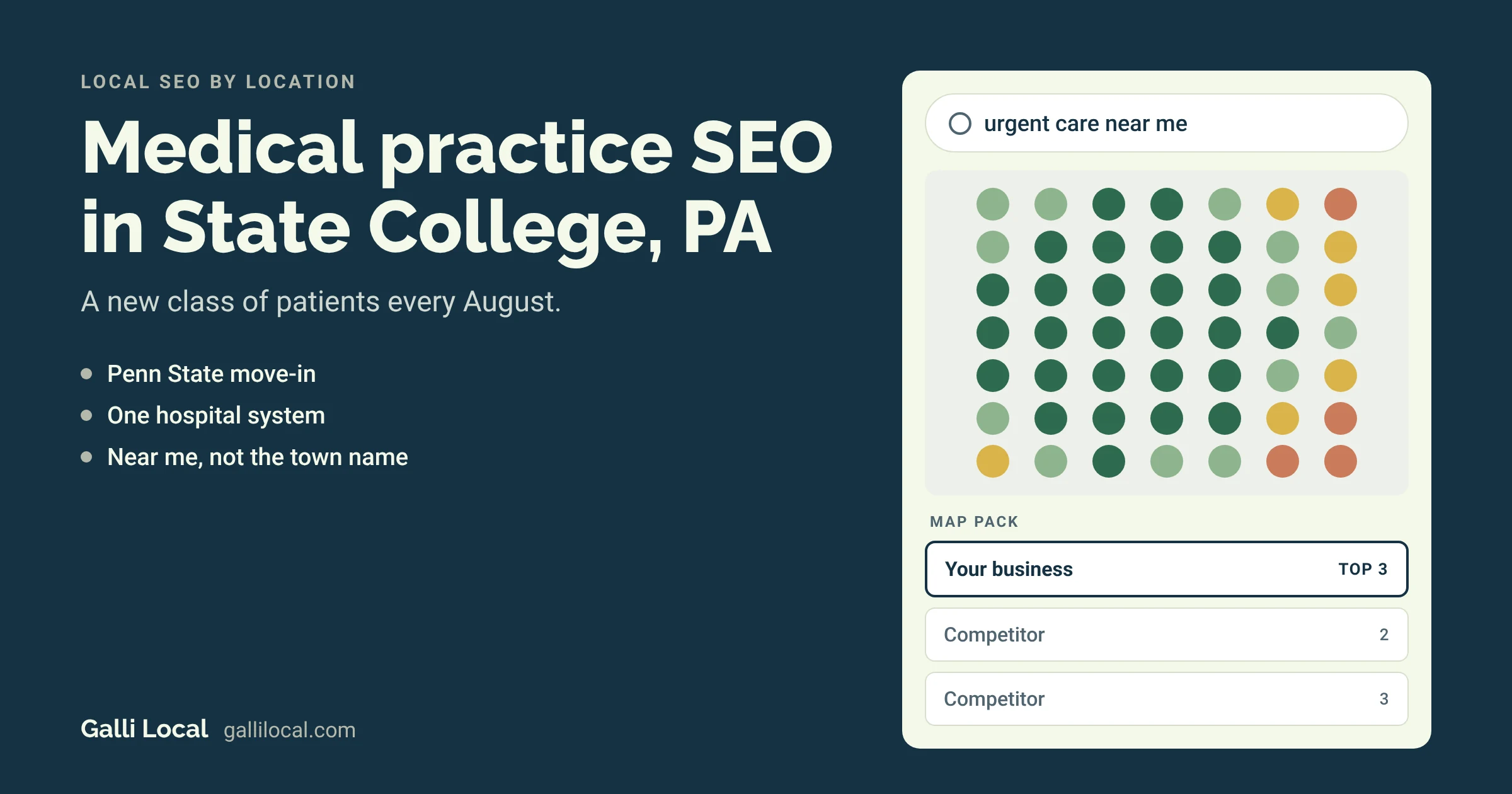 Medical practice SEO in State College, PA: a map pack with your practice in the top 3 for an urgent care search