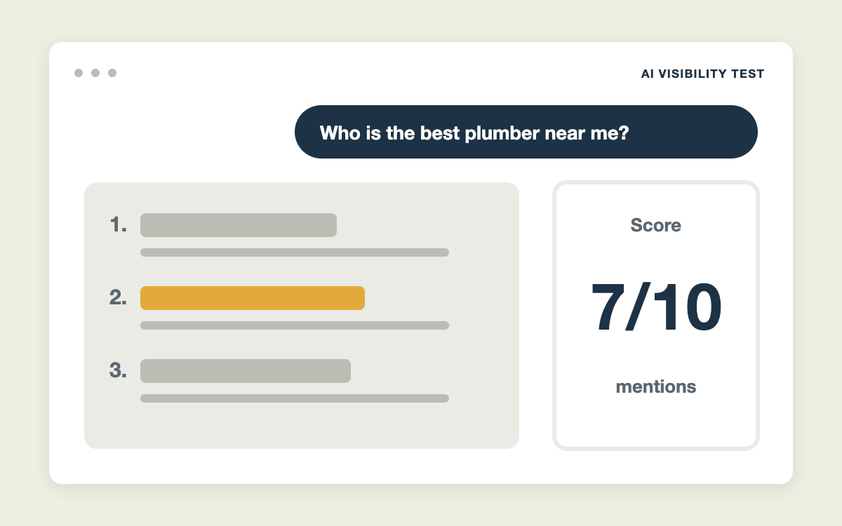 AI assistant answer listing local businesses with one name highlighted and a score sheet