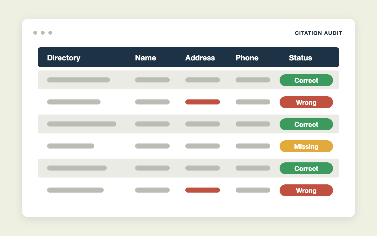 Citation audit spreadsheet listing directories with correct, wrong, and missing status for each