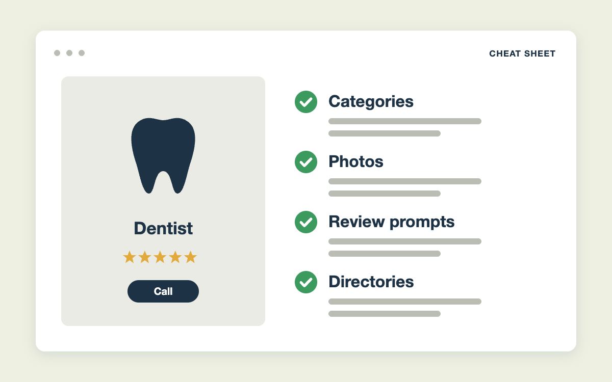 Google Maps cheat sheet for dental and medical offices with categories, photos, review prompts, and directories