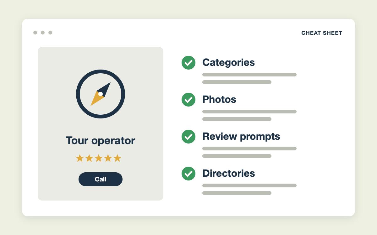 Google Maps cheat sheet for tour operators with categories, photos, review prompts, and directories