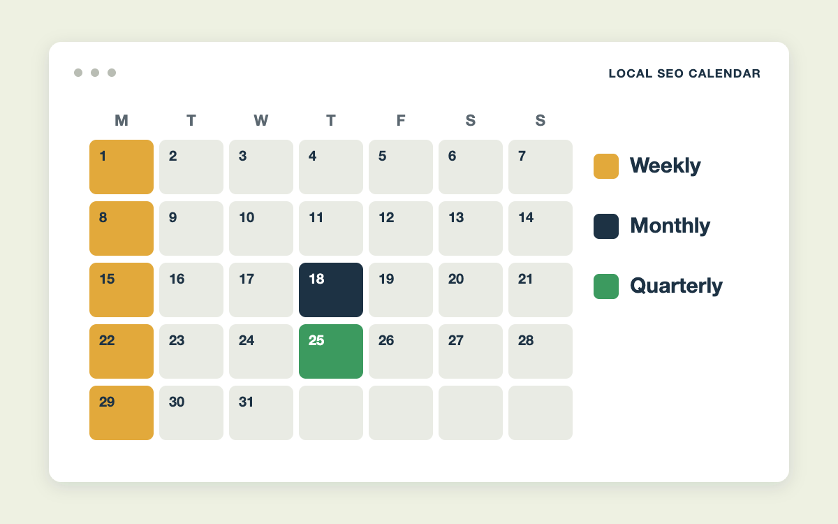 Monthly local SEO calendar with weekly, monthly, and quarterly tasks marked