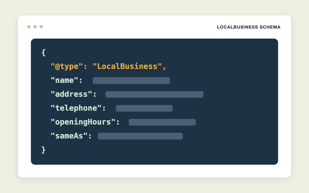 LocalBusiness JSON-LD code template with name, address, and phone fields
