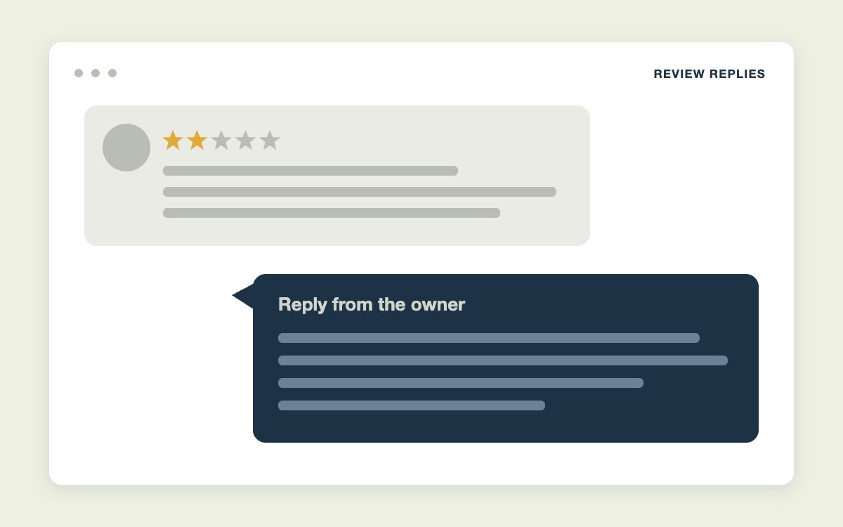 Two-star customer review with a drafted owner reply underneath
