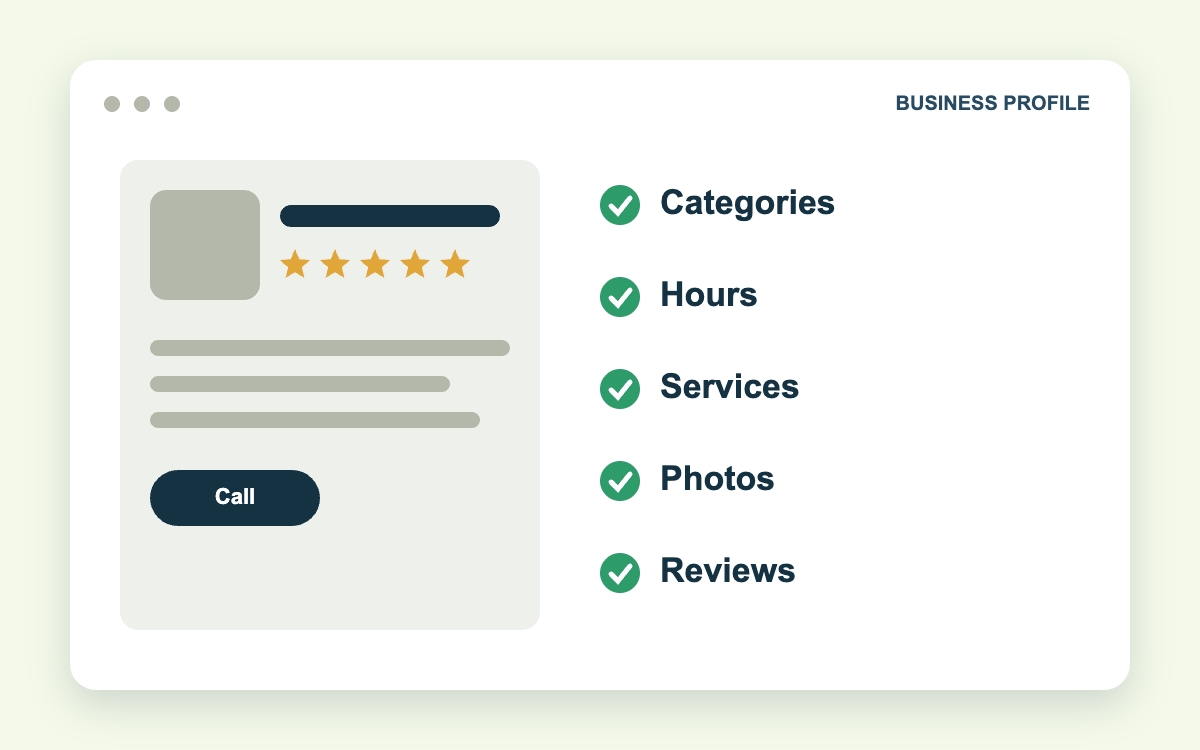 Optimized Google Business Profile with categories, hours, services, photos, and reviews checked off