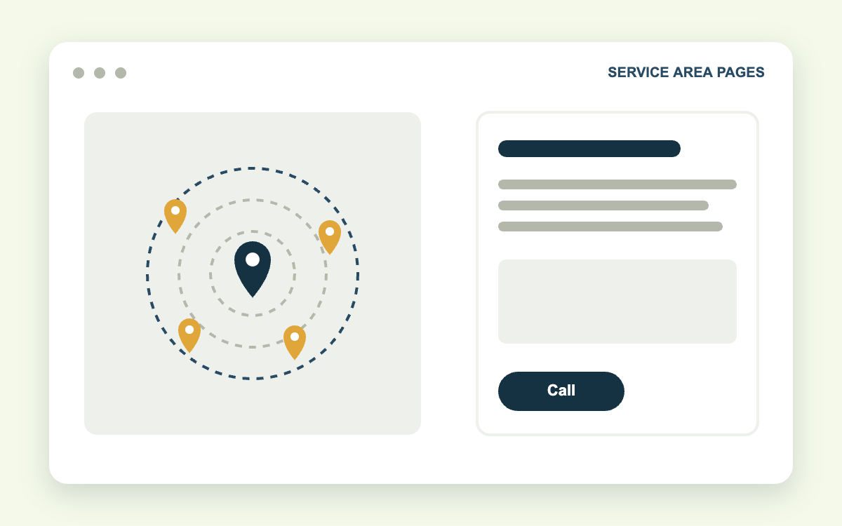 Service area map with city pins next to a local landing page layout